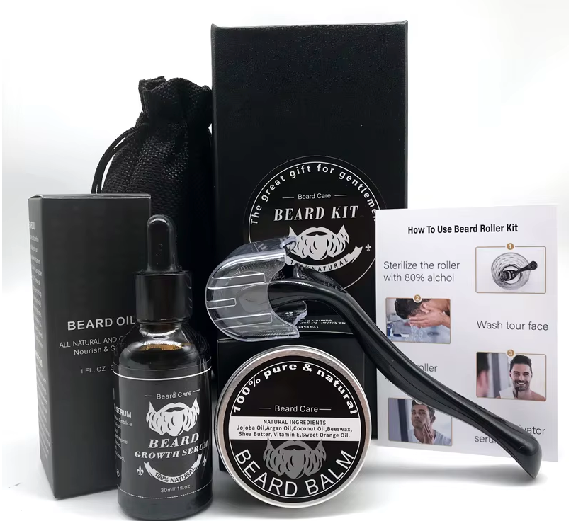 Beard Care Set for Men – Growth Serum, Oil, Balm, Comb, Bristle Brush, Scissors & Micro Roller